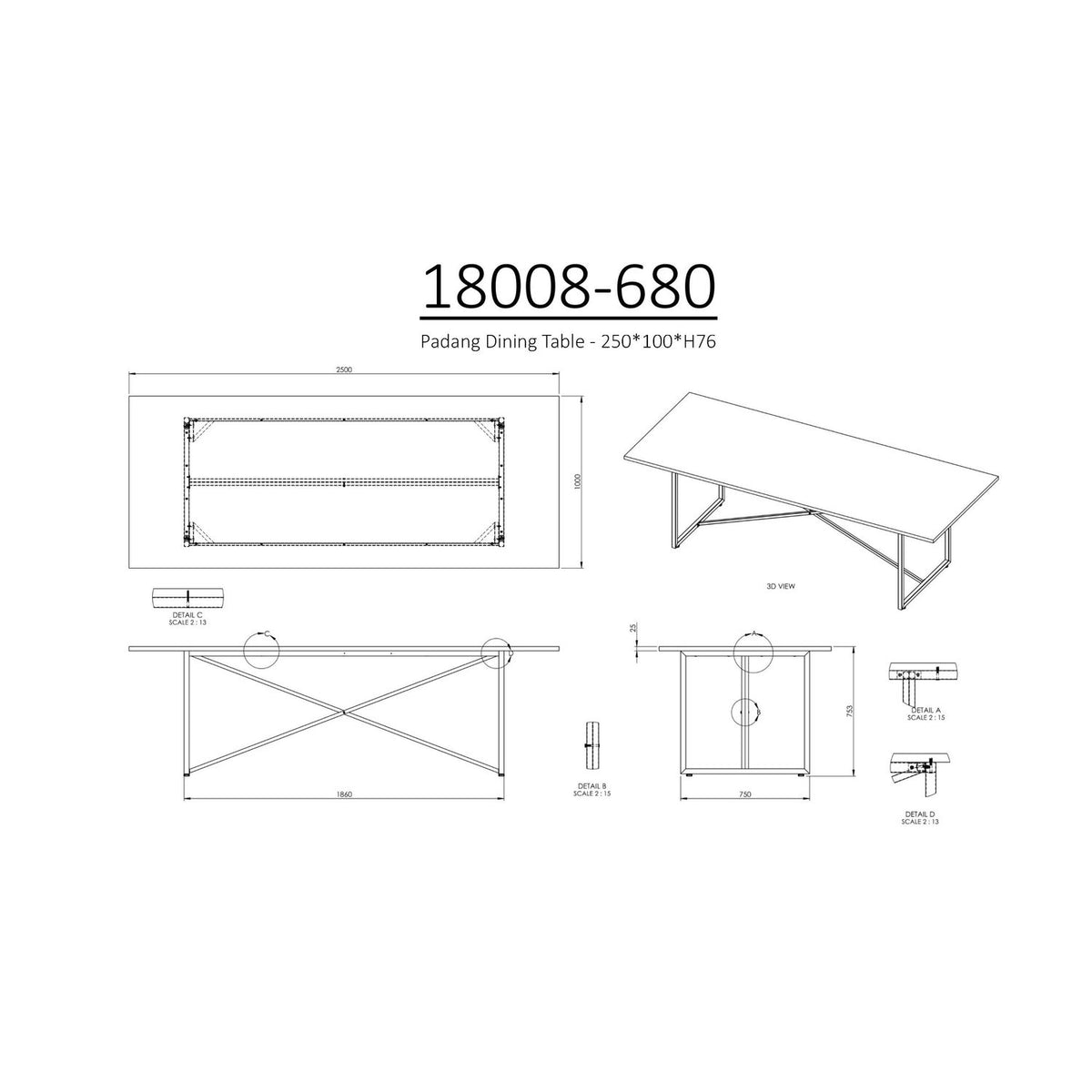 Padang Rektangulärt matbord Natur, 76 x 250 x 100