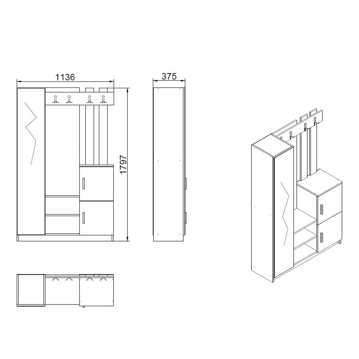 Coreno (113,6 x 179,7 x 37,5 cm) Hallmöbel Atlantisk furu vit