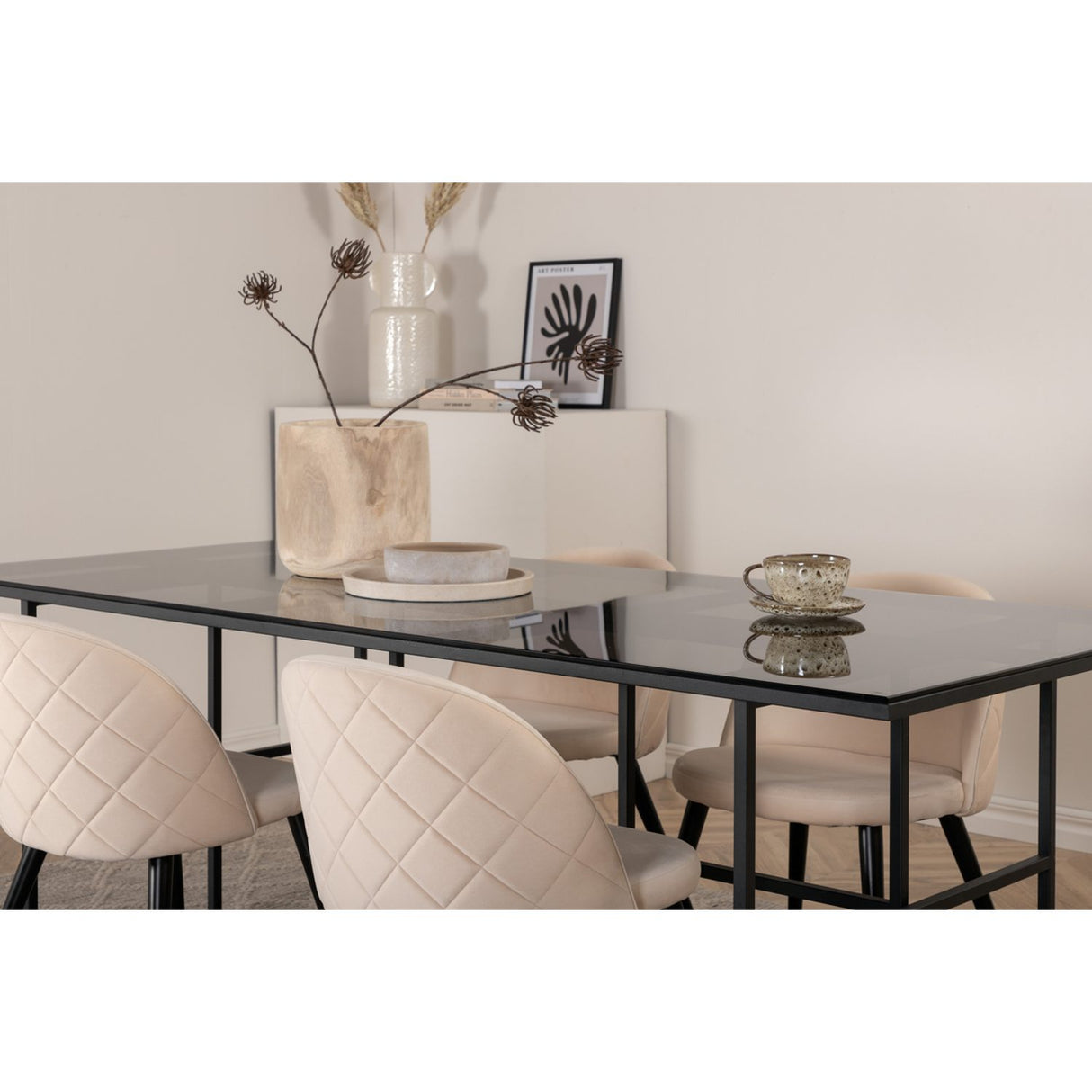 Leif, Velvet Rektangulär matgrupp Beige, Svart, Svart, 200 x 90