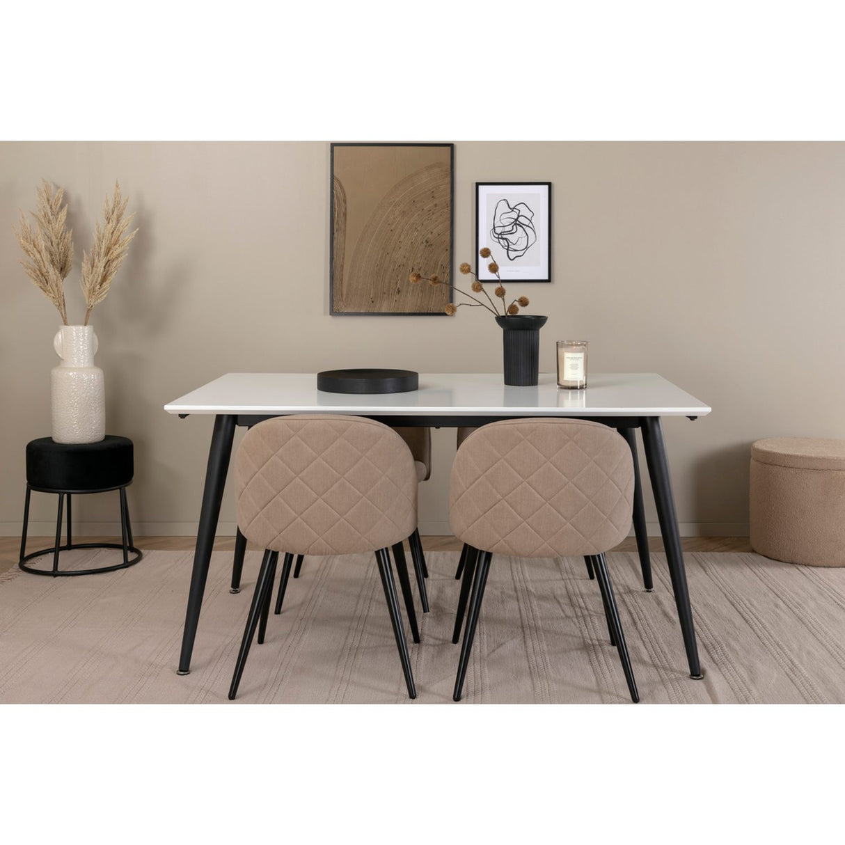 Jimmy, Velvet Rektangulär matgrupp Beige, Svart, Svart,Vitt, 150 x 90