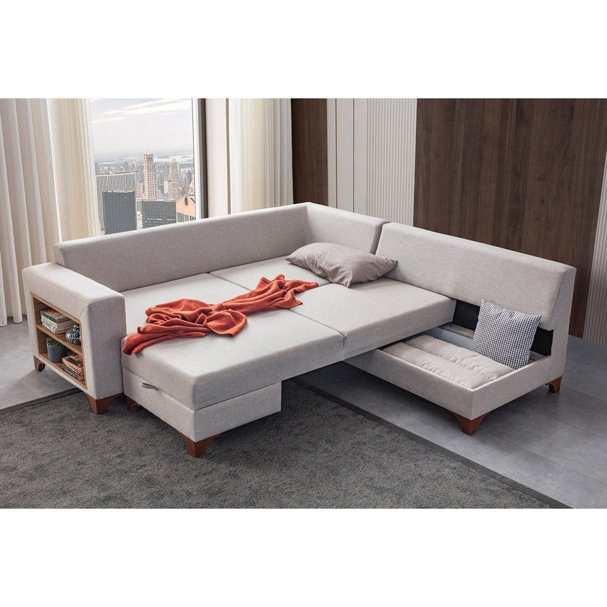 Porto (230 x 90 x 150 cm) Hörnsoffa-bäddsoffa Creme, Vänster