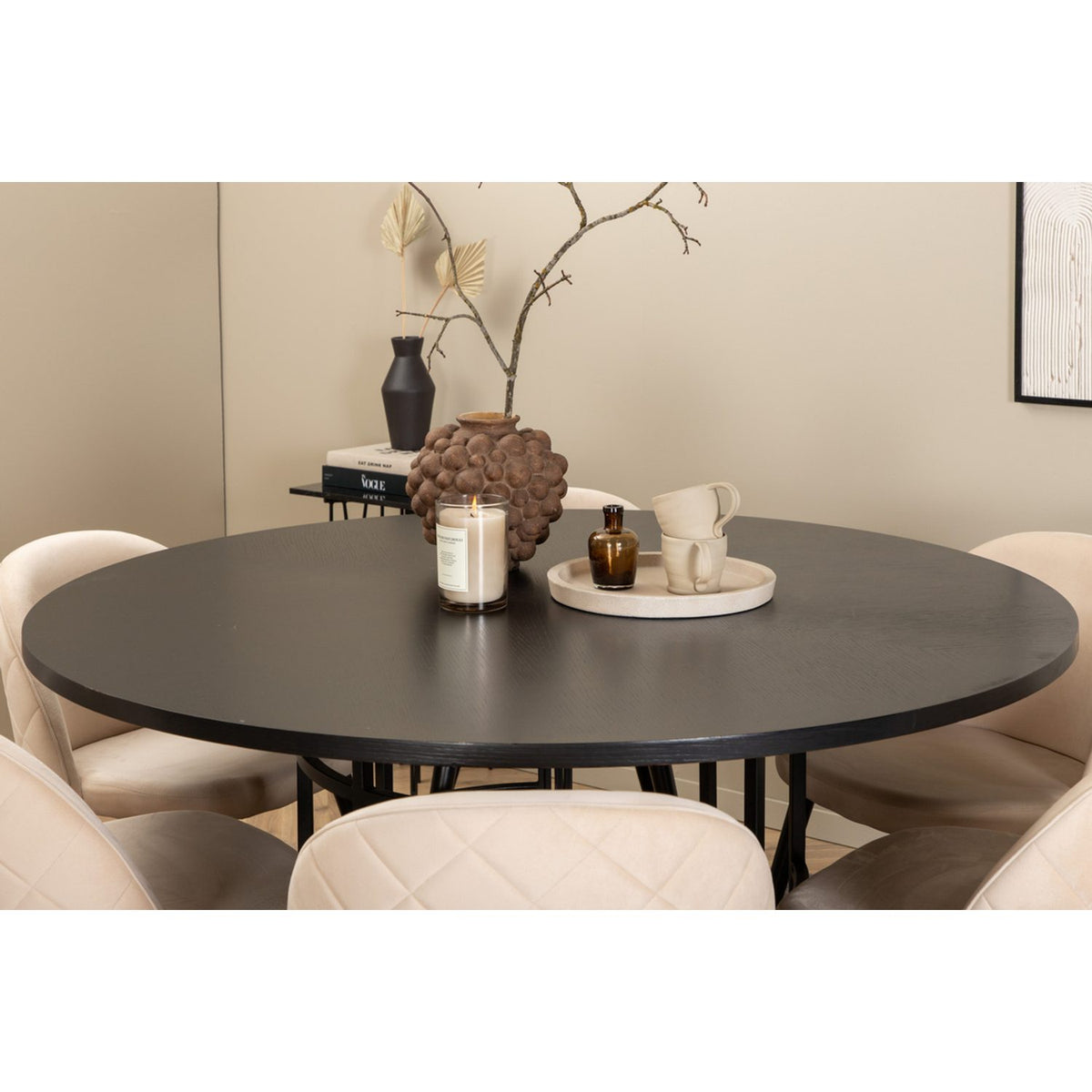 Copenhagen, Velvet Rund matgrupp Beige,Svart, Svart, ⌀140