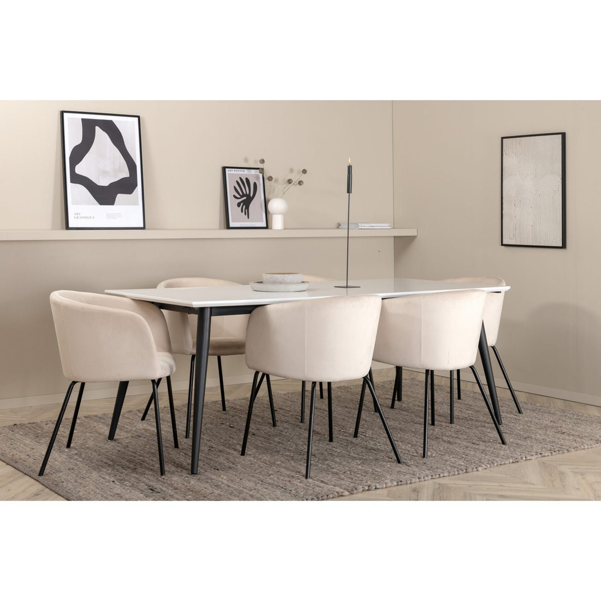 Jimmy, Berit Rektangulär matgrupp Beige, Svart, Svart,Vitt, 195 x 90