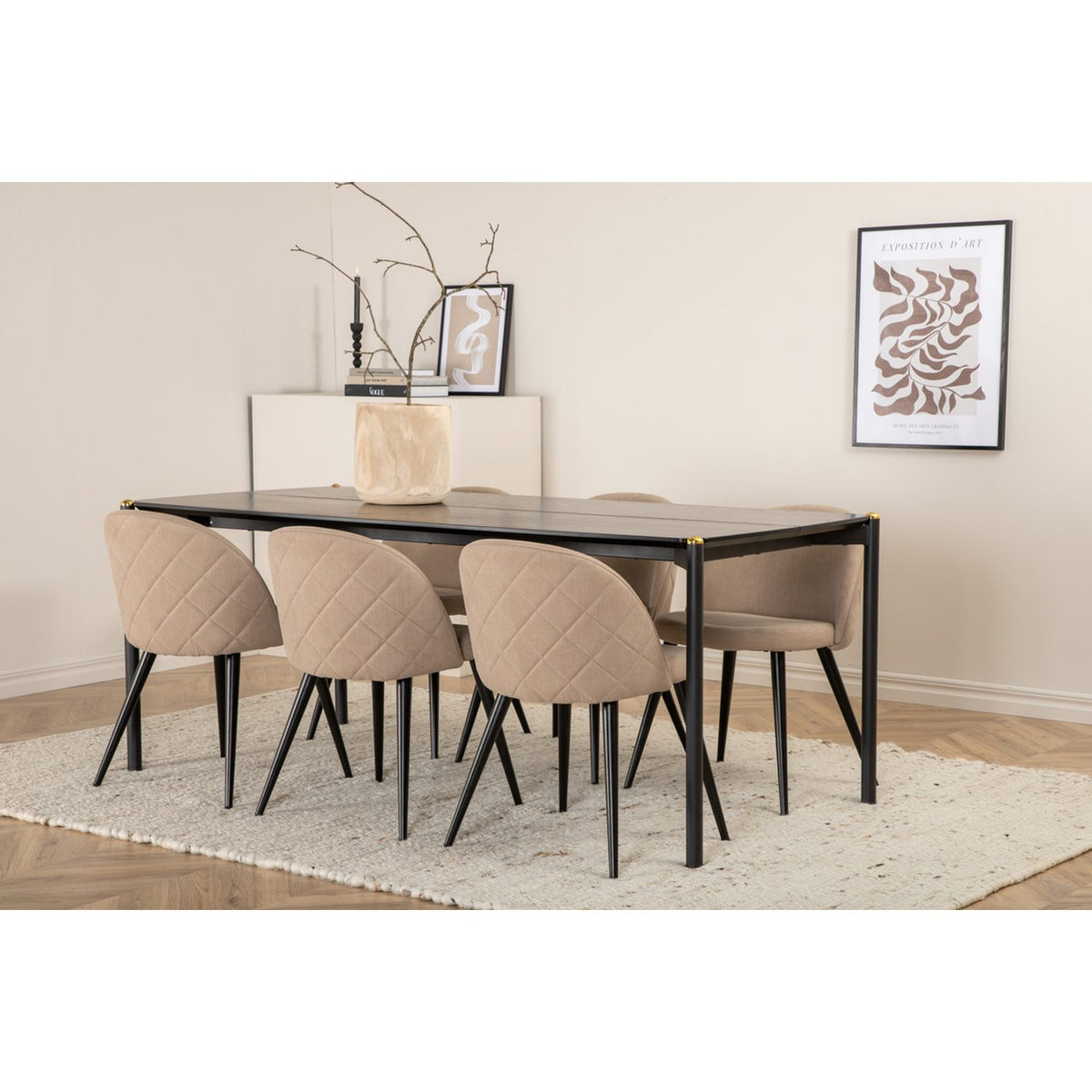 Pelle, Velvet Rektangulär matgrupp Beige, Svart, Linne