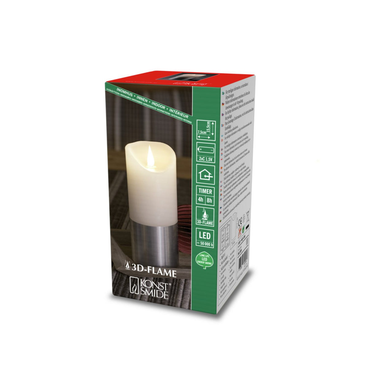 Vaxljus vitt med folie LED timer 4/8h 2xC Dekorationsljus El 7,5x15,5cm, Silver