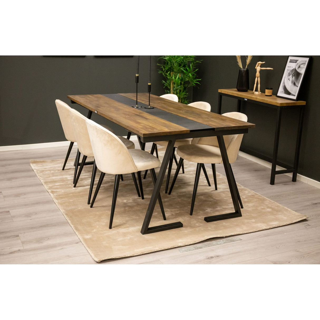 Jakarta, Sammet Rektangulär matgrupp Beige, Svart, Svart,Natur, 200 x 90