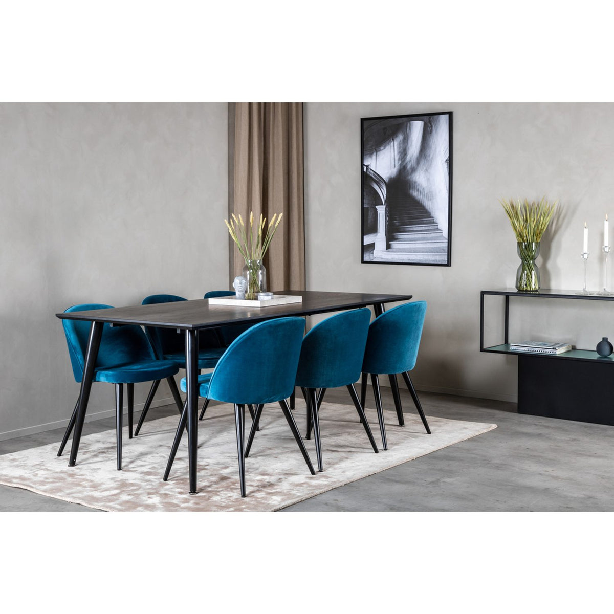 Dipp, Velvet Rektangulär matgrupp Svart,Blå, Svart, 180 x 90