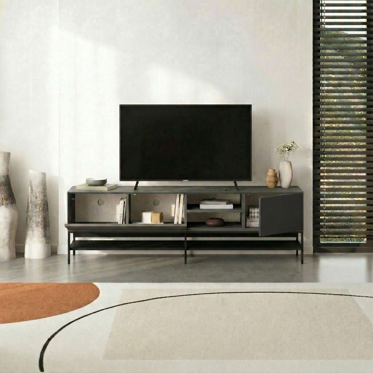 Tallinn (180 x 55 x 35 cm) TV-bänk Antracit trä svart svart