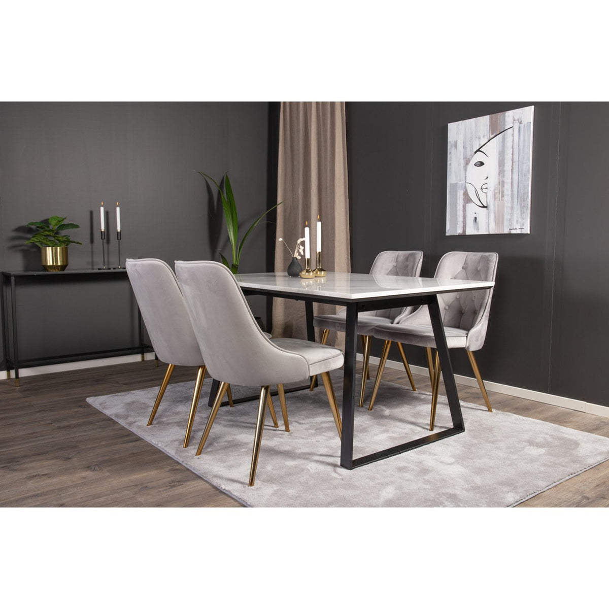 Estelle, Velvet Deluxe Rektangulär matgrupp Guld, Svart,Vit, 140 x 90