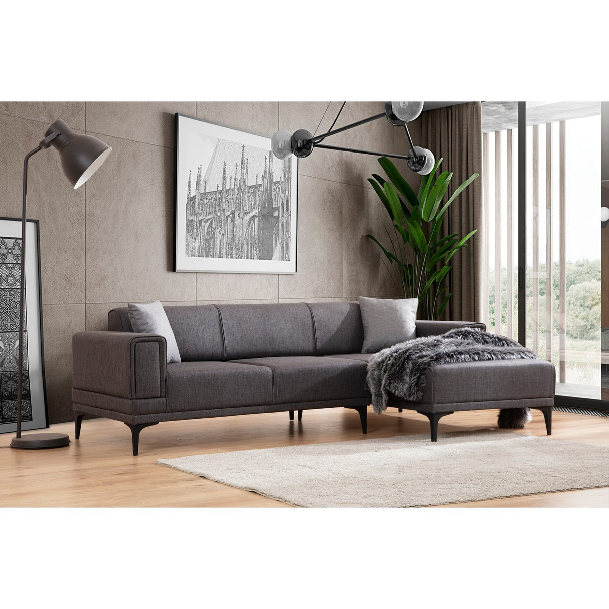 Hanoi (250-140 x 85 x 77 cm) Hörnsoffa-bäddsoffa Mörkgrå, Höger