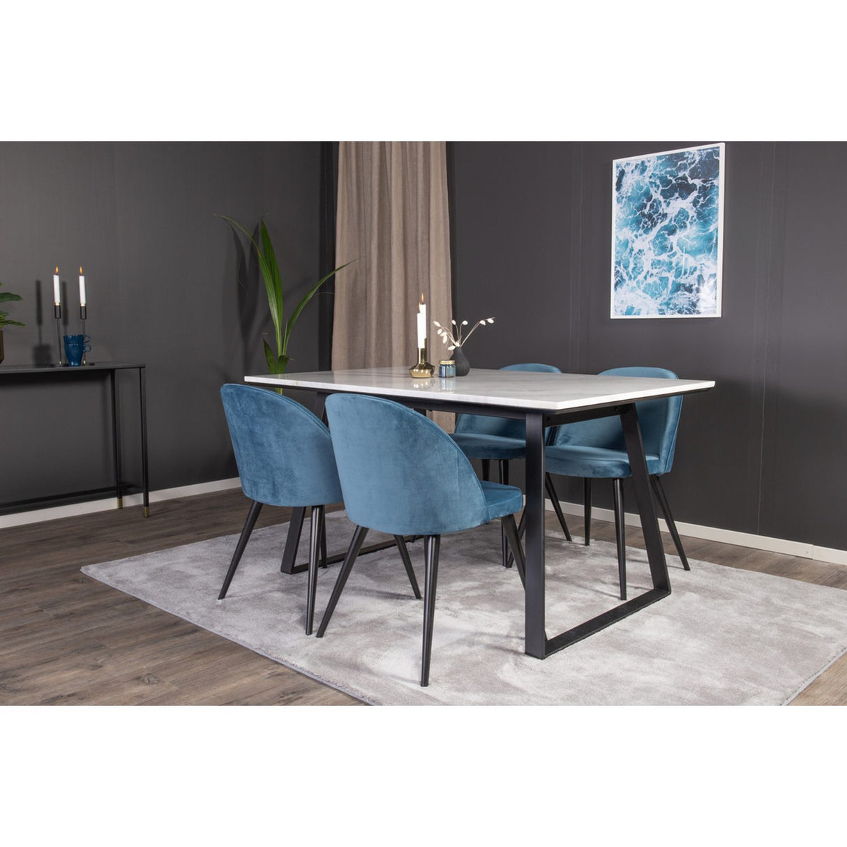 Estelle, Velvet Rektangulär matgrupp Svart,Blå, Svart, Vit, 140 x 90