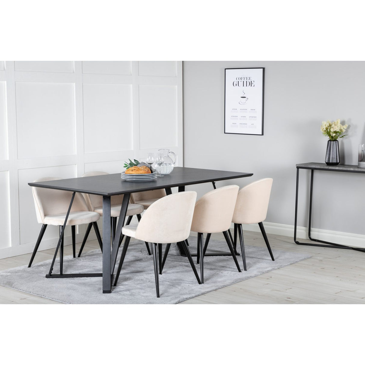 Marina, Velvet Rektangulär matgrupp Beige,Svart, Svart, 180 x 90