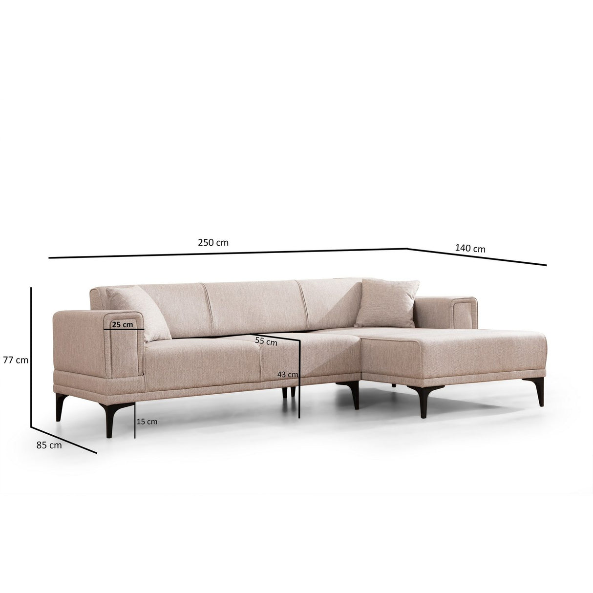Hanoi (250-140 x 85 x 77 cm) Hörnsoffa-bäddsoffa Ljusbrun, Höger