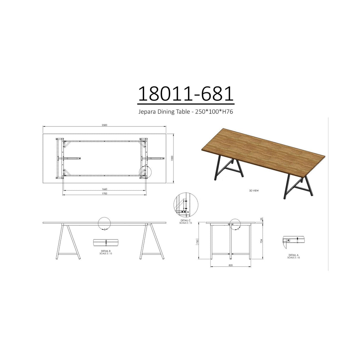 Jepara Rektangulärt matbord Natur, 75 x 250 x 100