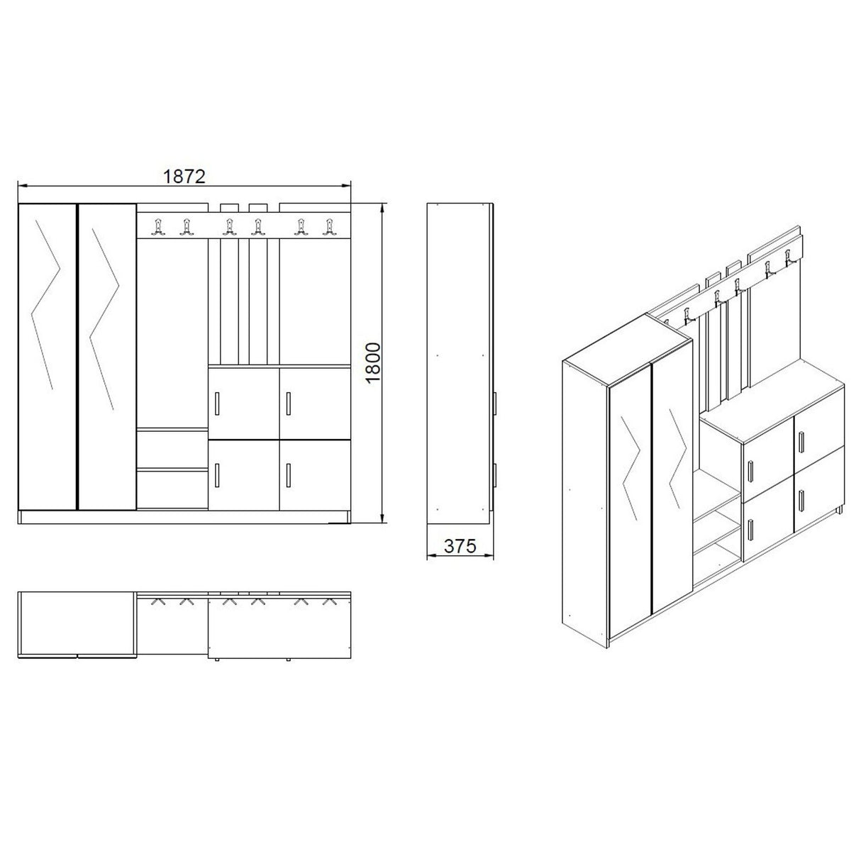 Zelino (187,2 x 180 x 37,5 cm) Hallstativ Atlantisk furu Antracit