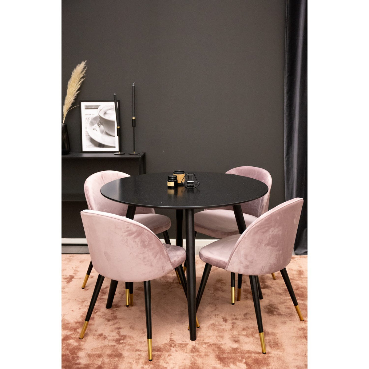 Plaza, Sammet Rund matgrupp Svart, Dammig rosa, Guld, Svart, ⌀100
